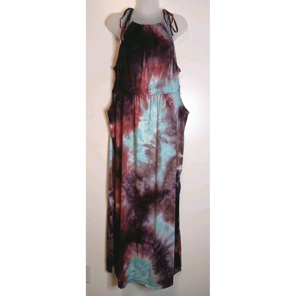 Earthbound Tie Dye Cutout Maxi Dress Side Slit Adjustable Strap Boho Size L